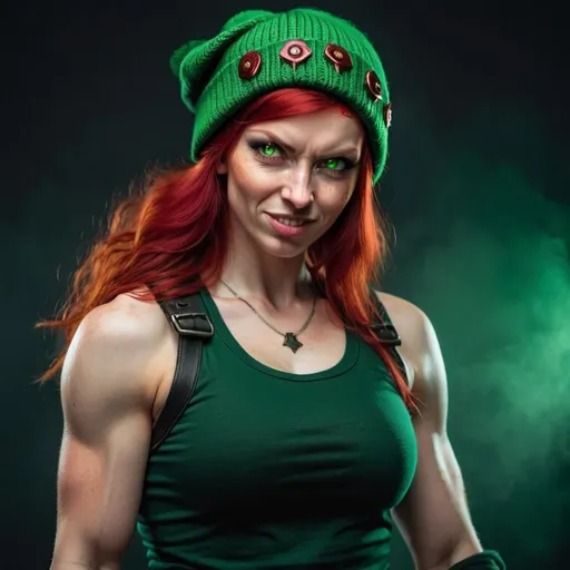 Prompt: Evil red-haired warrior woman, wearing a green beanie and a mischievous smirk. Carmine, red eyes. Fierce combat stance. 