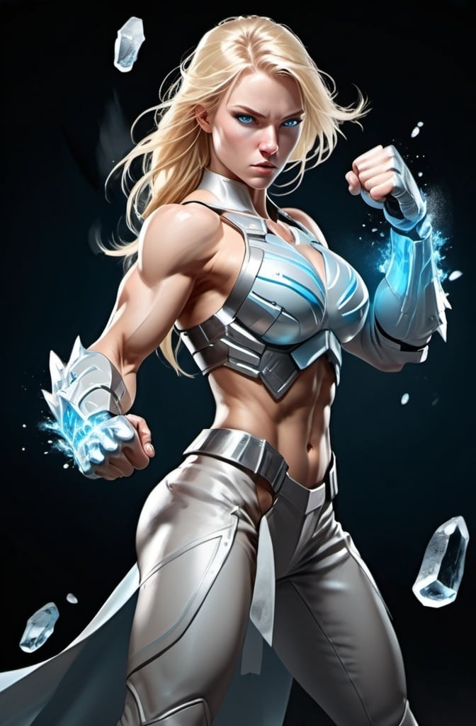 Prompt: Female figure. Greater bicep definition. Sharper, clearer blue eyes. Nosebleed. Long Blonde hair flapping. Frostier, glacier effects. Fierce combat stance. Raging Fists. Icy Knuckles. Frost armored suit. 