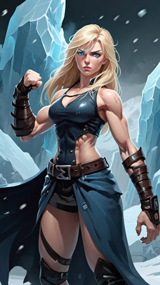 Prompt: Female figure. Greater bicep definition. Sharper, clearer blue eyes. Nosebleed. Long Blonde hair flapping. Frostier, glacier effects. Fierce combat stance. Raging Fists. Icy Knuckles. 