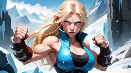 Prompt: Female figure. Greater bicep definition. Sharper, clearer blue eyes. Nosebleed. Long Blonde hair flapping. Frostier, glacier effects. Fierce combat stance. Raging Fists. Icy Knuckles.