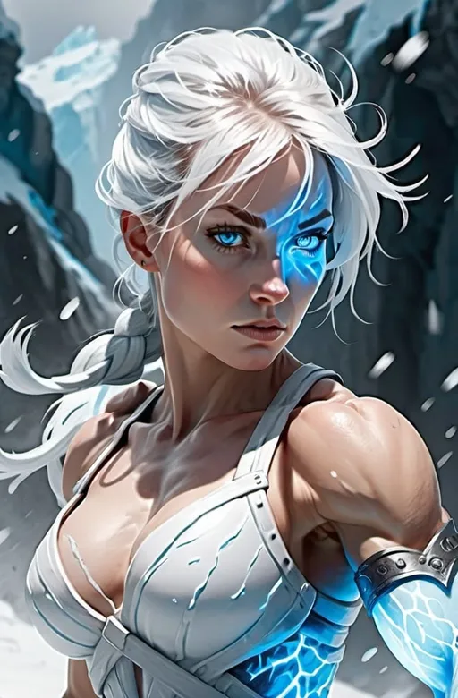 Prompt: Female figure. Greater bicep definition. Sharper, clearer blue eyes.  Frostier, glacier effects. Fierce combat stance. Engulfed by white mist. 