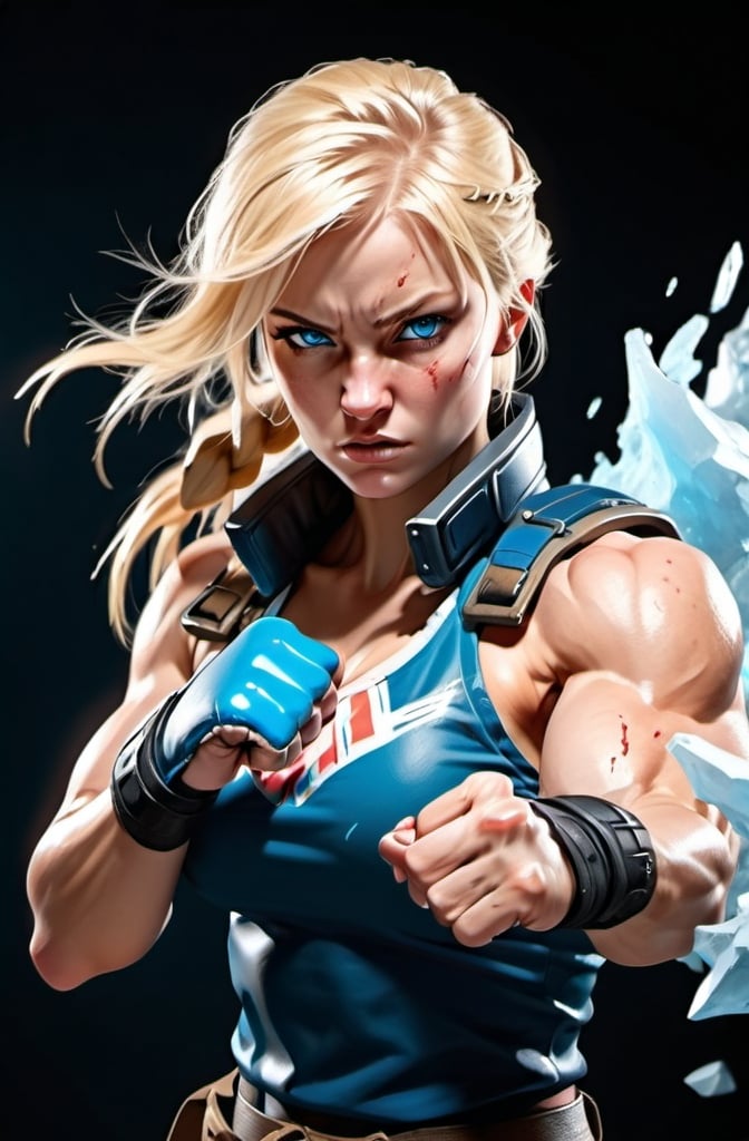 Prompt: Female figure. Greater bicep definition. Sharper, clearer blue eyes. Bleeding. Blonde hair flapping. Frostier, glacier effects. Fierce combat stance. Raging Fists. 