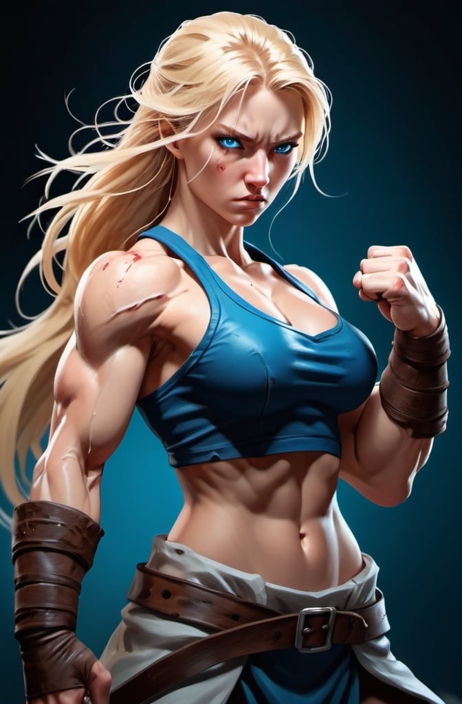 Prompt: Female figure. Greater bicep definition. Sharper, clearer blue eyes. Bleeding. Long Blonde hair flapping. Frostier, glacier effects. Fierce combat stance. Raging Fists. 