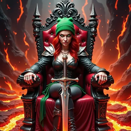 Prompt: @wbV7YKlXTFt2cBPb46HT A regal female figure seated on an ornate throne, wearing a shimmering crown atop her head. She is positioned centrally within a vast kingdom of flowing, molten lava, with fiery cracks illuminating the dark, volcanic landscape. The throne is carved from dark stone with glowing red accents, contrasting sharply against the fiery environment. Bright, flickering flames cast dynamic shadows across her face and attire, highlighting her commanding presence. The scene is viewed from a slightly low angle, emphasizing her dominance over the fiery realm. Embers drift through the air, and the molten lava reflects the intense glow, creating a dramatic, high-contrast atmosphere.