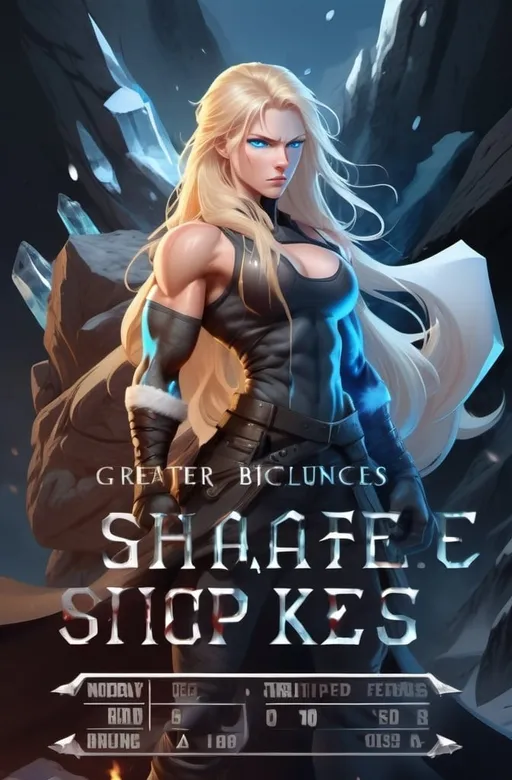 Prompt: Female figure. Greater bicep definition. Sharper, clearer blue eyes. Nosebleed. Long Blonde hair flapping. Frostier, glacier effects. Fierce combat stance. Raging Fists. Icy Knuckles.