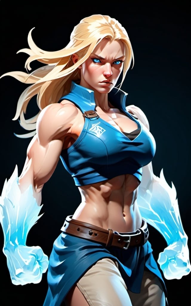 Prompt: Female figure. Greater bicep definition. Sharper, clearer blue eyes. Long Blonde hair flapping. Frostier, glacier effects. Fierce combat stance. Raging Fists.