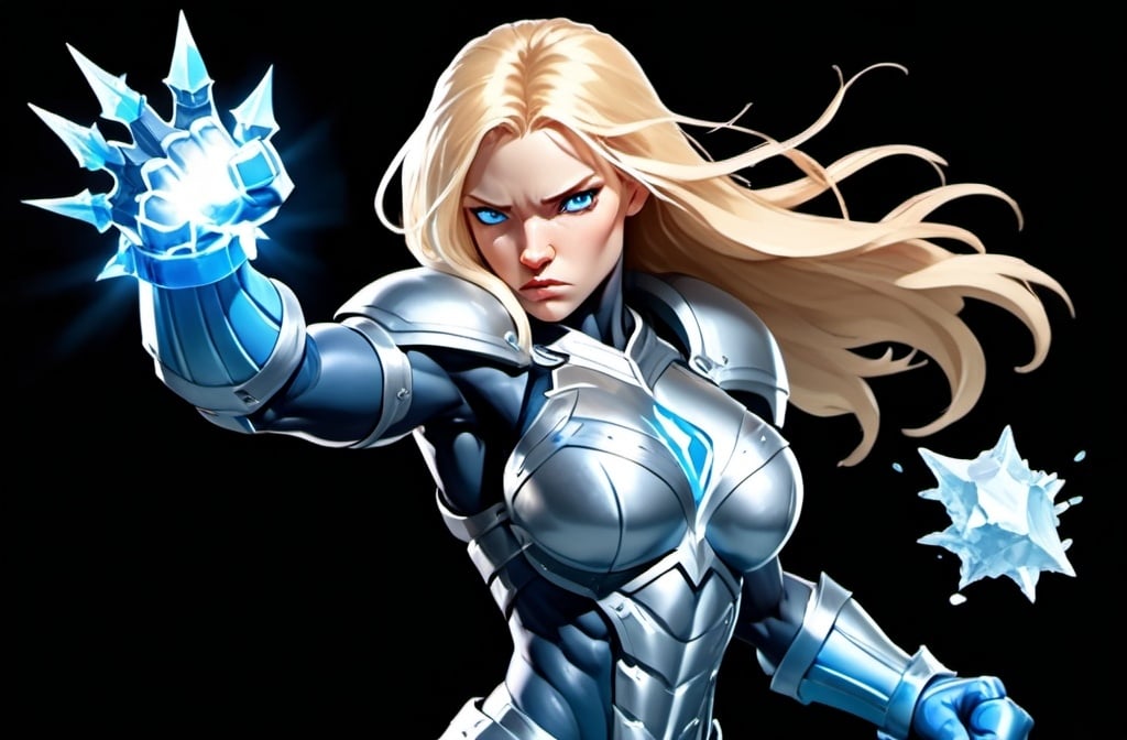 Prompt: Female figure. Greater bicep definition. Sharper, clearer blue eyes. Nosebleed. Long Blonde hair flapping. Frostier, glacier effects. Fierce combat stance. Raging Fists. Icy Knuckles. Blue armor suit.
