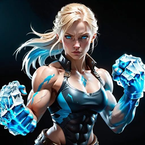 Prompt: Female figure. Greater bicep definition. Sharper, clearer blue eyes. Nosebleed. Long Blonde hair flapping. Frostier, glacier effects. Fierce combat stance. icy Knuckles.