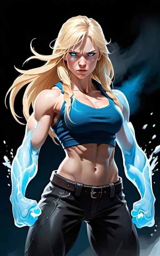 Prompt: Female figure. Greater bicep definition. Sharper, clearer blue eyes. Nosebleed. Long Blonde hair flapping. Frostier, glacier effects. Fierce combat stance. Icy Knuckles. Mist