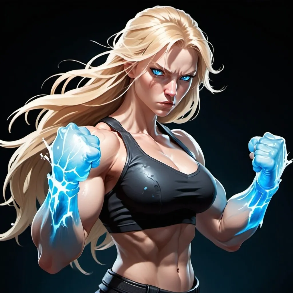 Prompt: Female figure. Greater bicep definition. Sharper, clearer blue eyes. Nosebleed. Long Blonde hair flapping. Frostier, glacier effects. Fierce combat stance. Raging Fists. Icy Knuckles. 