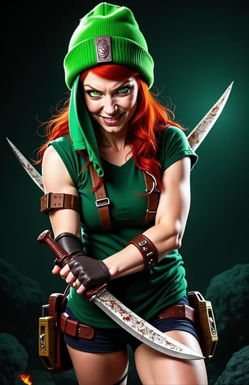 Prompt: @wbV7YKlXTFt2cBPb46HT A fierce female warrior with vibrant red hair and glowing red eyes stands in a combat stance, gripping a dagger covered in molten lava. Her bulky biceps flex as she prepares for battle, showcasing her strength and determination. An evil, disturbed smile stretches across her face, hinting at her ruthless intent. The scene is set in a volcanic landscape, with molten lava flowing in the background, casting an ominous glow. The air is thick with heat and swirling ash, emphasizing the intensity of the moment. The camera angle captures her from a low perspective, highlighting her imposing figure against the fiery backdrop, creating a dramatic and dynamic atmosphere.