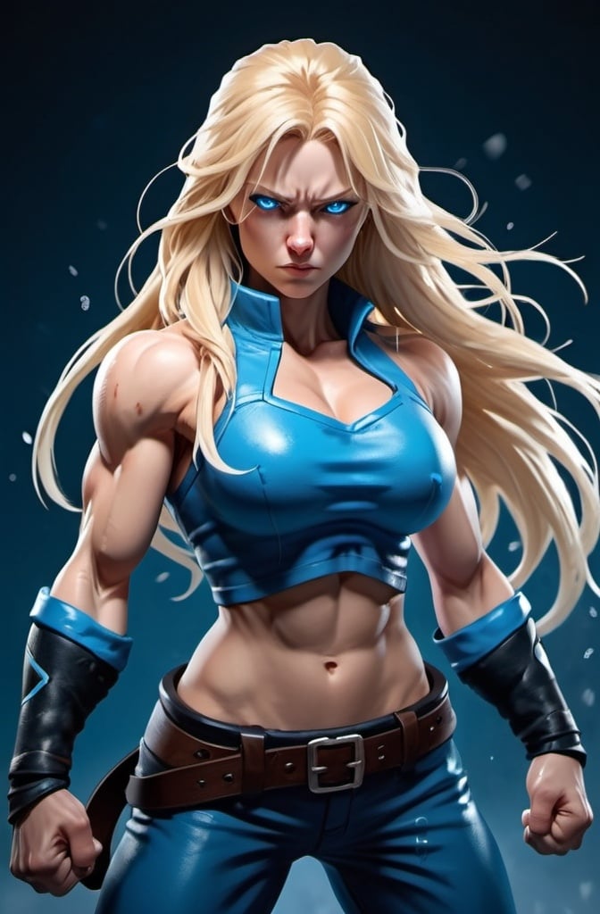 Prompt: Female figure. Greater bicep definition. Sharper, clearer blue eyes. Nosebleed. Long Blonde hair flapping. Frostier, glacier effects. Fierce combat stance. Raging Fists. Icy Knuckles. Blue outfit. 