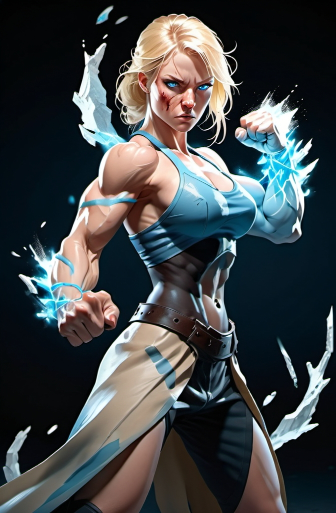 Prompt: Female figure. Greater bicep definition. Sharper, clearer blue eyes. Nosebleed. Long Blonde hair flapping. Frostier, glacier effects. Fierce combat stance. Raging Fists.