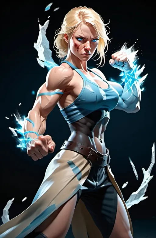 Prompt: Female figure. Greater bicep definition. Sharper, clearer blue eyes. Nosebleed. Long Blonde hair flapping. Frostier, glacier effects. Fierce combat stance. Raging Fists.