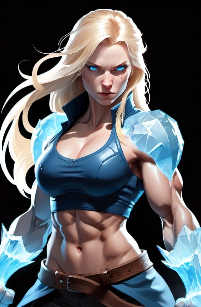 Prompt: Female figure. Greater bicep definition. Sharper, clearer blue eyes. Nosebleed. Long Blonde hair flapping. Frostier, glacier effects. Fierce combat stance. Raging Fists. Icy Knuckles.