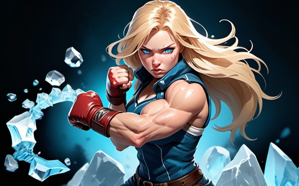 Prompt: Female figure. Greater bicep definition. Sharper, clearer blue eyes. Nosebleed. Long Blonde hair flapping. Frostier, glacier effects. Fierce combat stance. Raging Fists. Icy Knuckles. 