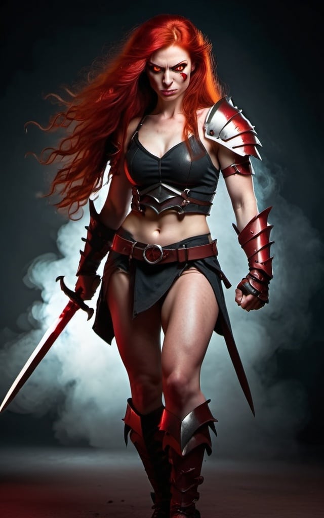 Prompt: Evil red-haired warrior woman with a mischievous grin. Carmine, red eyes. Fierce combat stance.