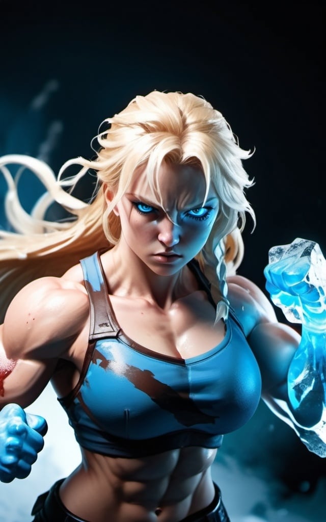 Prompt: Female figure. Greater bicep definition. Sharper, clearer blue eyes. Nosebleed. Long Blonde hair flapping. Frostier, glacier effects. Fierce combat stance. Raging Fists. Icy Knuckles.