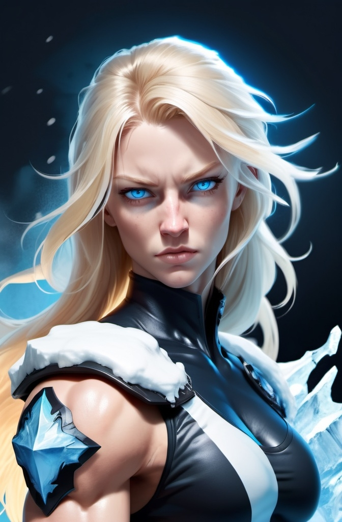 Prompt:  Female figure. Greater bicep definition. Sharper, clearer blue eyes. Nosebleed. Long Blonde hair flapping. Frostier, glacier effects. Fierce combat stance. Raging Fists. Icy Knuckles. 