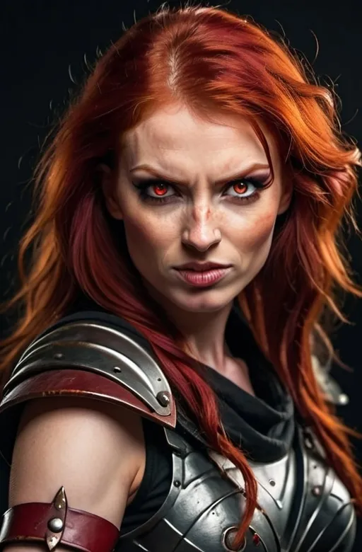 Prompt: Evil red-haired warrior woman with a mischievous smirk. Carmine, red eyes. Fierce combat stance.