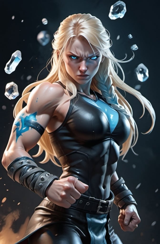 Prompt: Female figure. Greater bicep definition. Sharper, clearer blue eyes. Nosebleed. Long Blonde hair flapping. Frostier, glacier effects. Fierce combat stance. Raging Fists. Icy Knuckles.