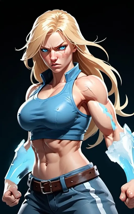 Prompt: Female figure. Greater bicep definition. Sharper, clearer blue eyes. Nosebleed. Long Blonde hair flapping. Frostier, glacier effects. Fierce combat stance. Raging Fists. Icy Knuckles. Wearing Pants. 