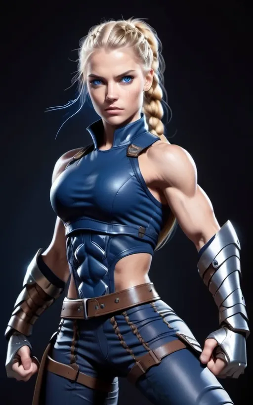 Prompt:  Female figure. Greater bicep definition. Dark Blue eyes. Blonde braided ponytail. Fierce combat stance. Raging Gravity-powered Gauntlets. 