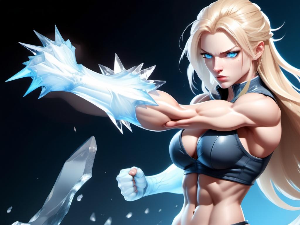 Prompt: Female figure. Greater bicep definition. Sharper, clearer blue eyes. Nosebleed. Long Blonde hair flapping. Frostier, glacier effects. Fierce combat stance. Raging Fists. Icy Knuckles.