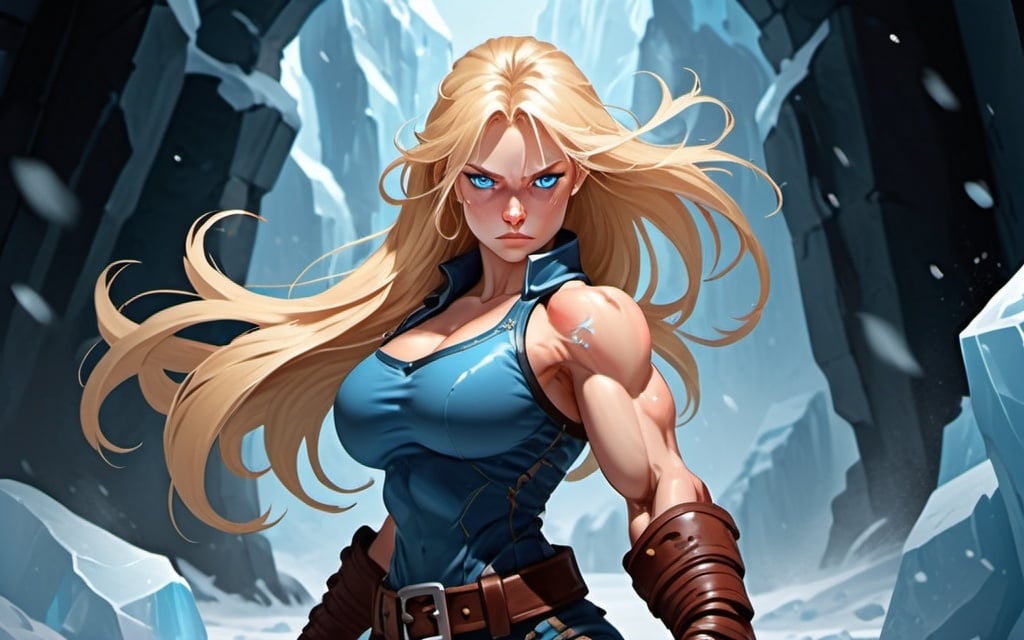 Prompt: Female figure. Greater bicep definition. Sharper, clearer blue eyes. Nosebleed. Long Blonde hair flapping. Frostier, glacier effects. Fierce combat stance. Raging Fists. Icy Knuckles. 