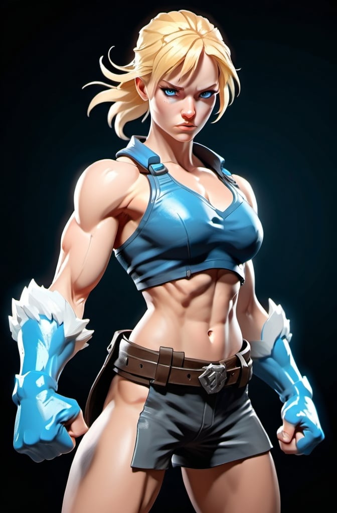 Prompt: Female figure. Greater bicep definition. Sharper, clearer blue eyes. Blonde hair flapping. Frostier, glacier effects. Fierce combat stance. Raging Fists. 