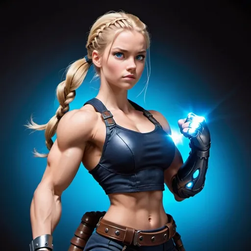 Prompt: Young Female figure. Greater bicep definition. Dark Blue eyes. Long Blonde braided ponytail. Raging Gravity-powered Gauntlets. 