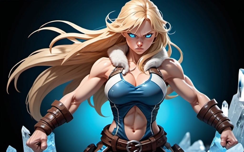 Prompt: Female figure. Greater bicep definition. Sharper, clearer blue eyes. Nosebleed. Long Blonde hair flapping. Frostier, glacier effects. Fierce combat stance. Raging Fists. Icy Knuckles. 