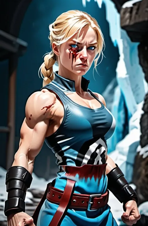 Prompt:  Female figure. Greater bicep definition. Sharper, clearer blue eyes. Blonde hair  flapping. Nose bleed. Frostier, glacier effects. Fierce combat stance. Raging Fists. 