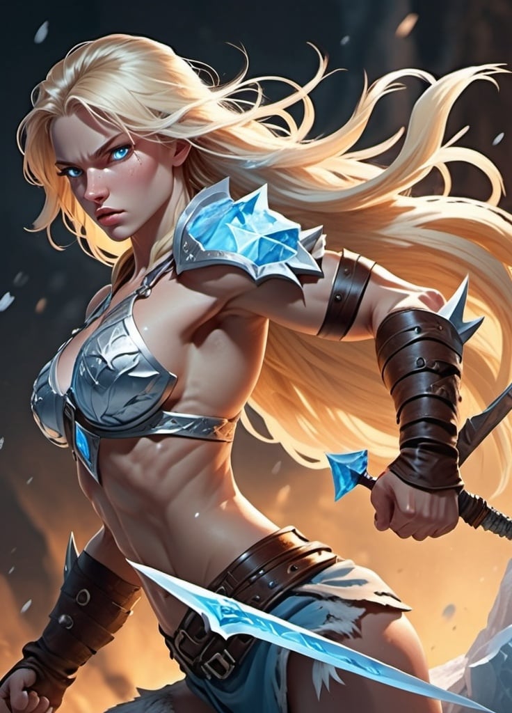 Prompt: Female figure. Greater bicep definition. Sharper, clearer blue eyes. Nosebleed. Long Blonde hair flapping. Frostier, glacier effects. Fierce combat stance. Ice Daggers. 