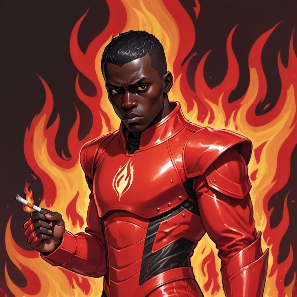 Prompt: Male Figure. Small. Short black hair. Dark skin. Dark eyes. Psychotic. Clean shaven. Wearing a red armored suit. Cigarette in mouth. Enraged Fiery hands. Flames in the background. 