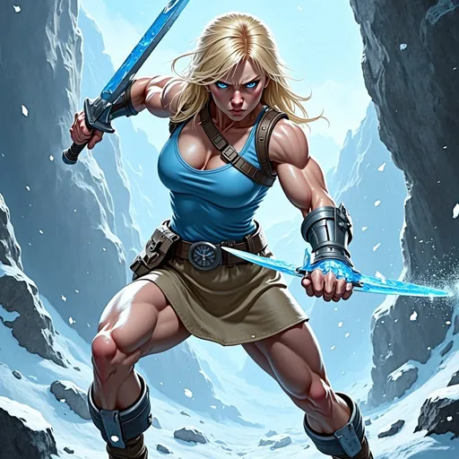 Prompt: @lbK8EQWu1r8WEqH2g1L6 A muscular female warrior wielding a sword made of shimmering ice, standing in a dynamic combat stance. She is positioned in a rugged, icy landscape with jagged glaciers and snow-covered rocks. Her intense gaze is focused forward, with her body twisted slightly as if ready to strike. Her armor is sleek and functional, with frost accents that glisten in the cold light. Bright, cold illumination from the icy sword casts a bluish glow on her skin and surroundings. Snowflakes swirl around her, and a faint mist rises from the icy ground, emphasizing the frigid environment. The scene is captured from a slightly low angle, highlighting her powerful stance and the sharp edges of her icy weapon, with dramatic lighting that enhances the tension and motion.