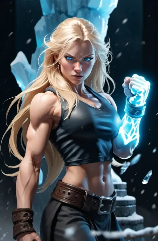 Prompt: Female figure. Greater bicep definition. Sharper, clearer blue eyes. Long Blonde hair flapping. Frostier, glacier effects. Fierce combat stance. Raging Fists. Icy Knuckles.