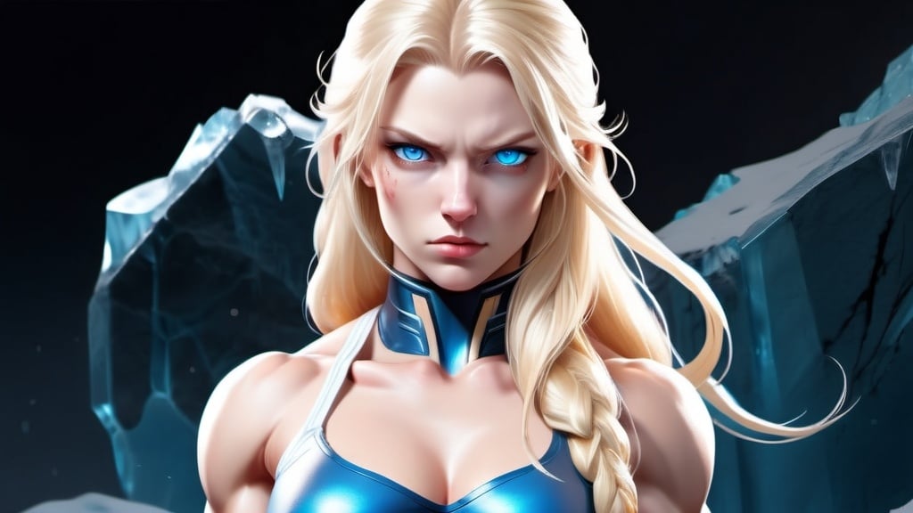 Prompt: Female figure. Greater bicep definition. Sharper, clearer blue eyes. Nosebleed. Long Blonde hair flapping. Frostier, glacier effects. Fierce combat stance. Raging Fists. Icy Knuckles.