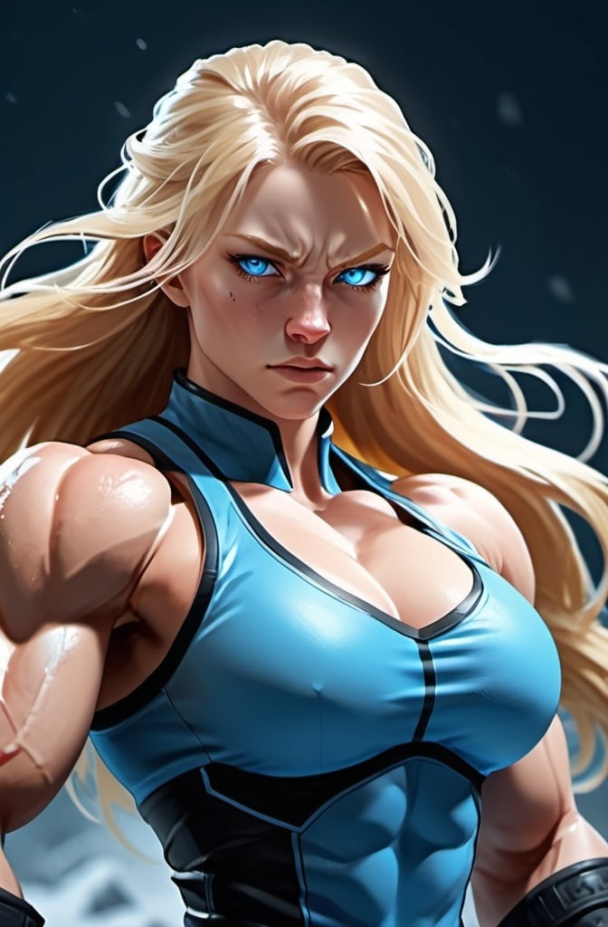 Prompt: Female figure. Greater bicep definition. Sharper, clearer blue eyes. Nosebleed. Long Blonde hair flapping. Frostier, glacier effects. Fierce combat stance. Raging Fists. Icy Knuckles. 