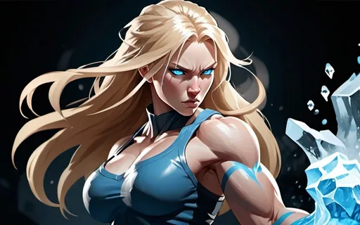 Prompt: Female figure. Greater bicep definition. Sharper, clearer blue eyes. Nosebleed. Long Blonde hair flapping. Frostier, glacier effects. Fierce combat stance. Raging Fists. Icy Knuckles. 