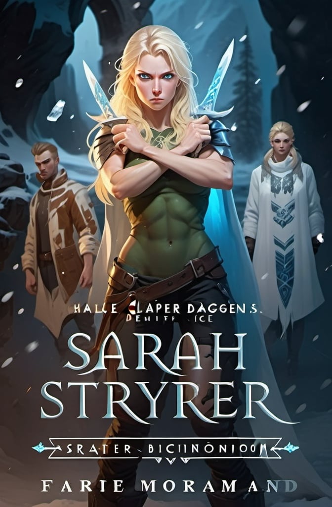 Prompt:  Female figure. Greater bicep definition. Sharper, clearer blue eyes. Blonde hair  flapping. Frostier, glacier effects. Engulfed in White Mist. Fierce combat stance. Holding Ice Daggers.