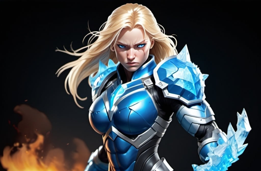 Prompt: Female figure. Greater bicep definition. Sharper, clearer blue eyes. Nosebleed. Long Blonde hair flapping. Frostier, glacier effects. Fierce combat stance. Raging Fists. Icy Knuckles. Blue armor suit.