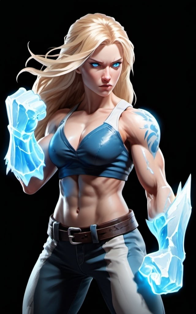 Prompt: Female figure. Greater bicep definition. Sharper, clearer blue eyes. Long Blonde hair flapping. Frostier, glacier effects. Fierce combat stance. Icy Knuckles. Raging Fists.