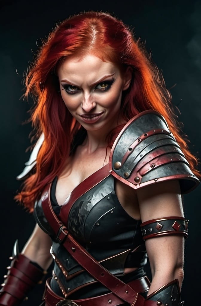 Prompt: Evil red-haired warrior woman with a mischievous grin. Carmine, red eyes. Fierce combat stance.