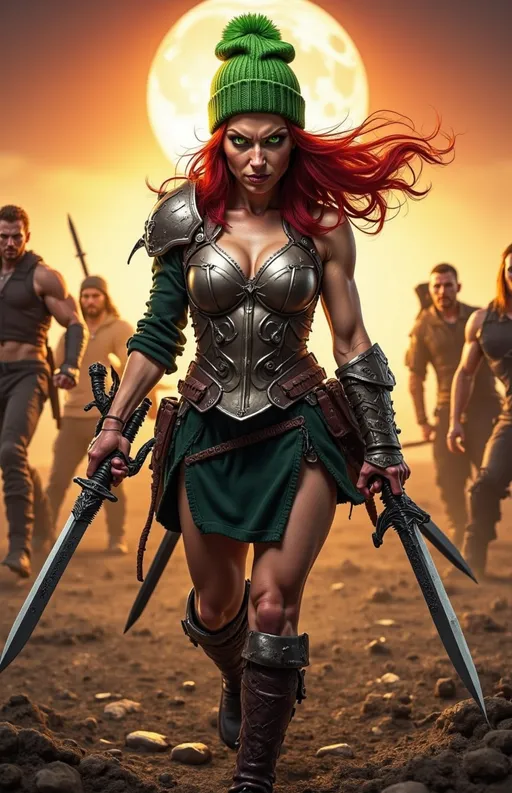 Prompt: @wbV7YKlXTFt2cBPb46HT A powerful female warrior in a fierce combat stance, muscles tensed and ready for action. She stands confidently at the center of a chaotic battlefield, her armor gleaming under the harsh light of a setting sun that casts long shadows across the ground. Dust swirls around her feet, stirred by the tension in the air. Her hair flows wildly behind her, catching the light, while her narrowed eyes focus intently on an unseen opponent. The background is filled with blurred silhouettes of clashing warriors, enhancing the sense of urgency and conflict. The atmosphere is charged with anticipation, as if the very air crackles with energy.