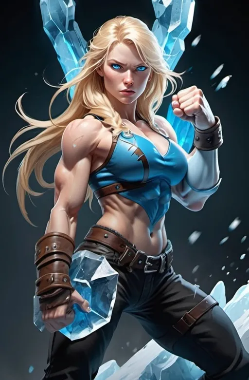 Prompt: Female figure. Greater bicep definition. Sharper, clearer blue eyes. Long Blonde hair flapping. Frostier, glacier effects. Fierce combat stance. Icy Knuckles. Raging Fists.