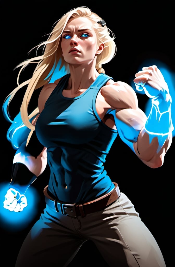 Prompt: Female figure. Greater bicep definition. Sharper, clearer blue eyes. Long blonde hair flapping. Frostier, glacier effects. Fierce combat stance. Ragings Fists