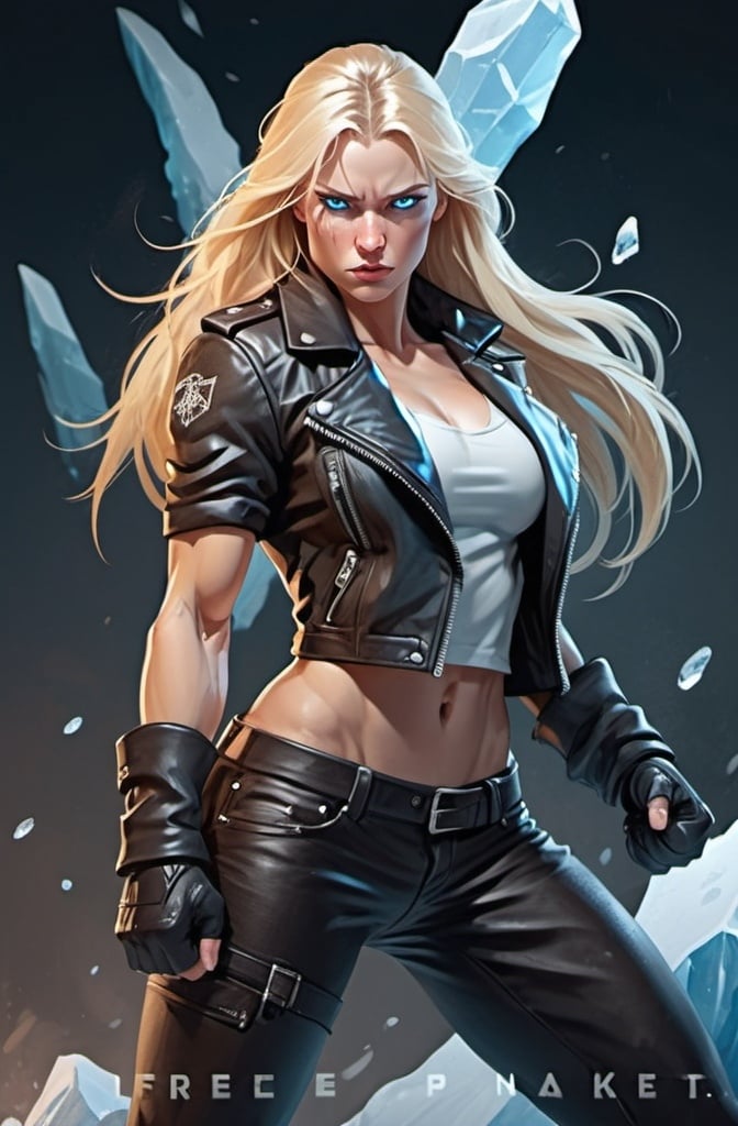 Prompt: Female figure. Greater bicep definition. Sharper, clearer blue eyes. Nosebleed. Long Blonde hair flapping. Frostier, glacier effects. Fierce combat stance. Leather Jacket. Icy Knuckles.  