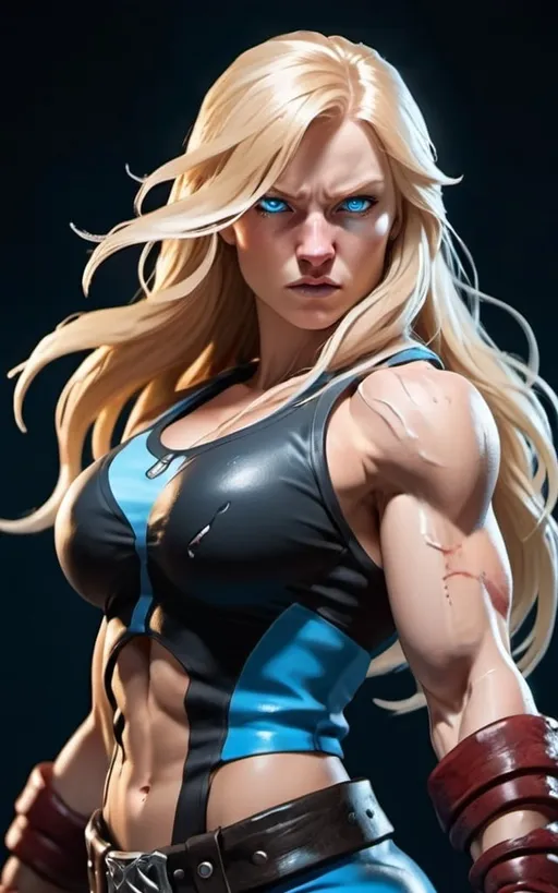 Prompt: Female figure. Greater bicep definition. Sharper, clearer blue eyes. Nosebleed. Long Blonde hair flapping. Frostier, glacier effects. Fierce combat stance. Raging Fists. Icy Knuckles. 