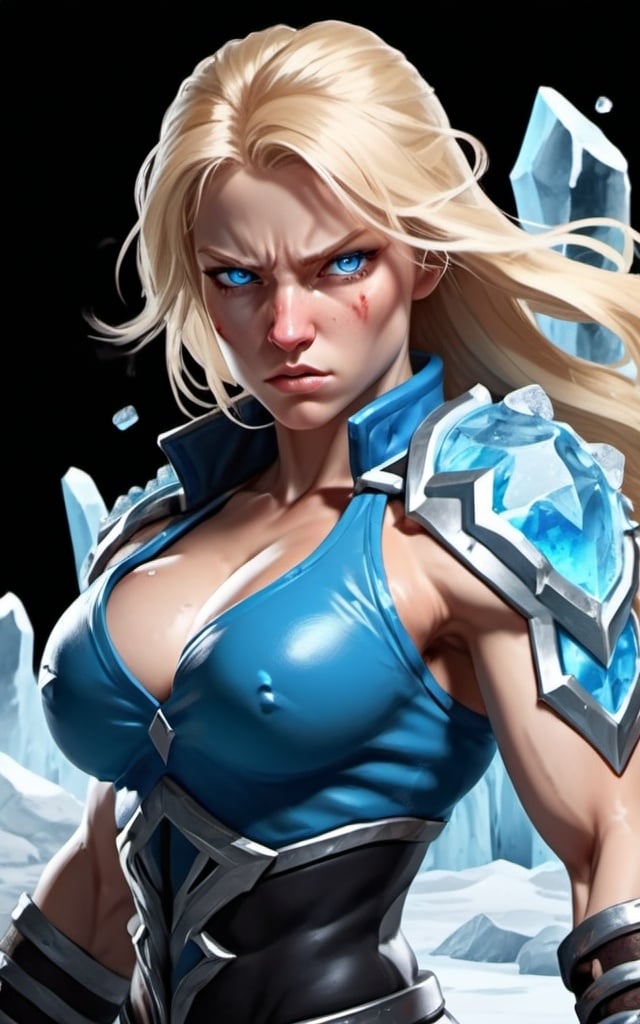 Prompt: Female figure. Greater bicep definition. Sharper, clearer blue eyes. Bleeding. Long Blonde hair flapping. Frostier, glacier effects. Fierce combat stance. Raging Fists. Icy Knuckles.